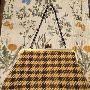 Brown and Gold Houndstooth Clutch with Chain Handle